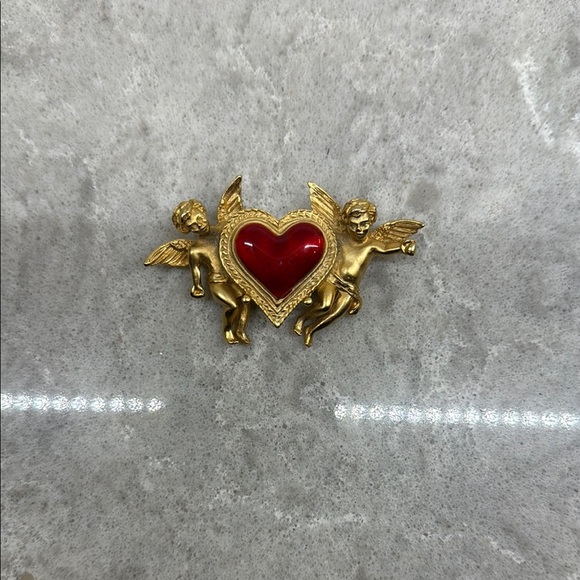 Vintage Gold and Red Heart Angel Brooch - Picture 1 of 3